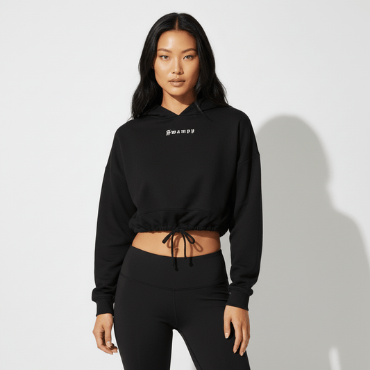 Women's Cropped Oversize Hooded Sweatshirt - Black - Swampy Couture - hoodie